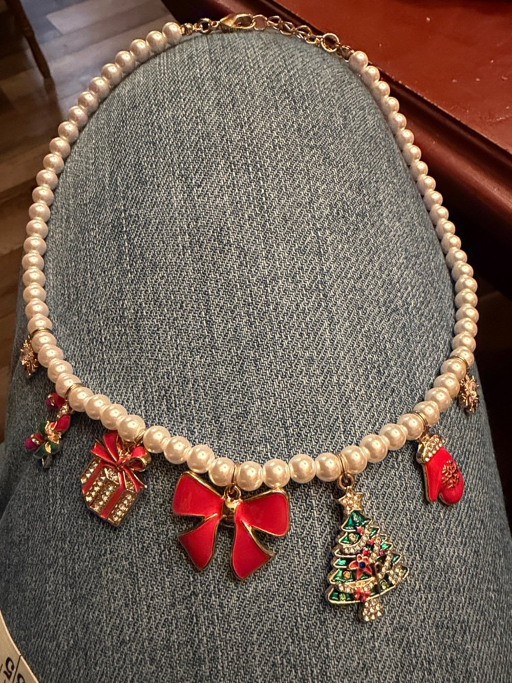 Pearl Holiday Charm Necklace with Red Accents